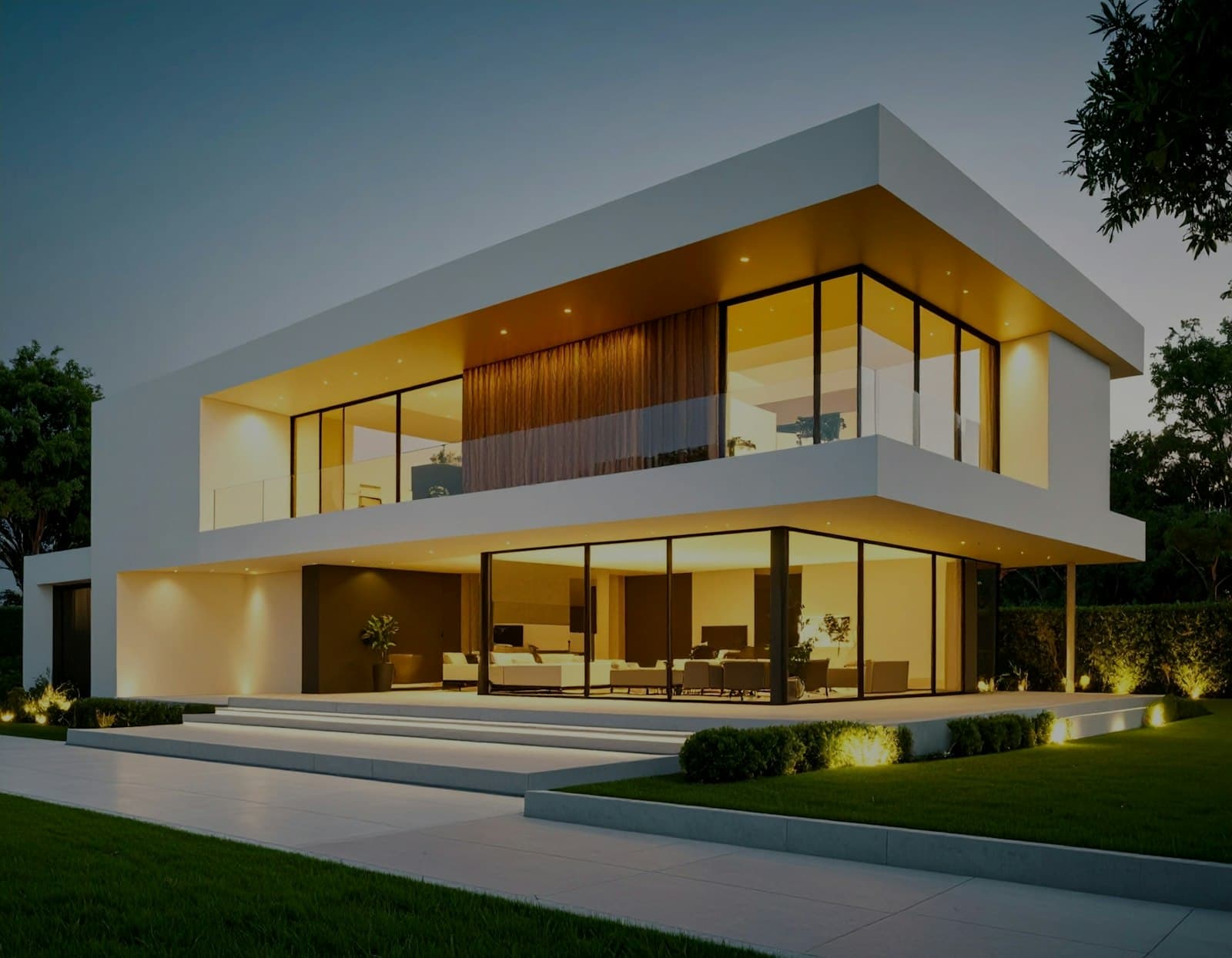 Modern glass-walled house glowing with warm interior light at dusk