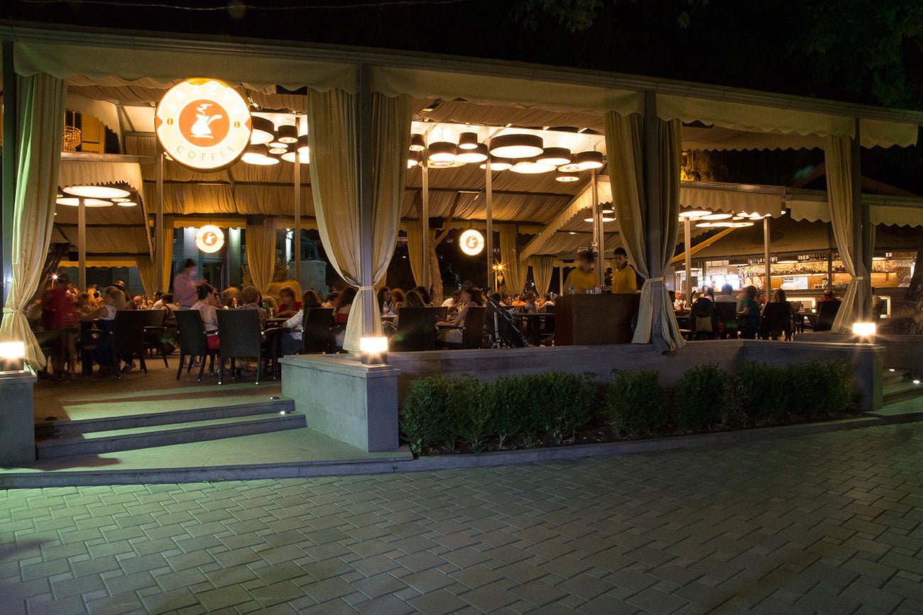 photo of the entrance area at night with the illumination of the JAZZVE logo in Yerevan