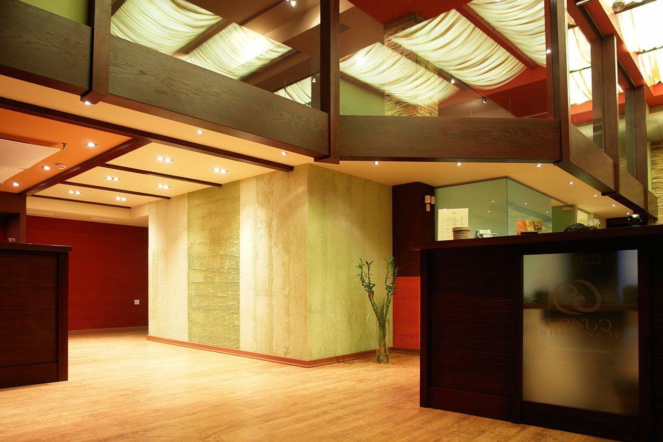 photo of the hall ceiling decor with Shoonch fabric Yoga Pilates studio SPA DESIGN studios