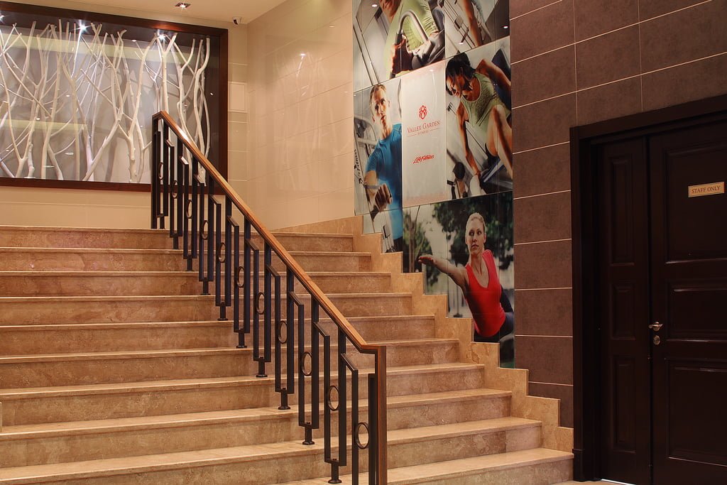 photo of the travertine stairs in the lobby of the Vallex Garden Hotel, Stepanakert