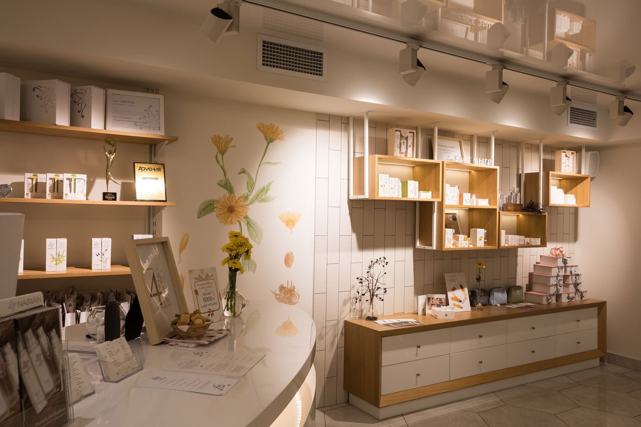 photo of the store interior from the checkout counter in the NAIRIAN cosmetics salon, Yerevan