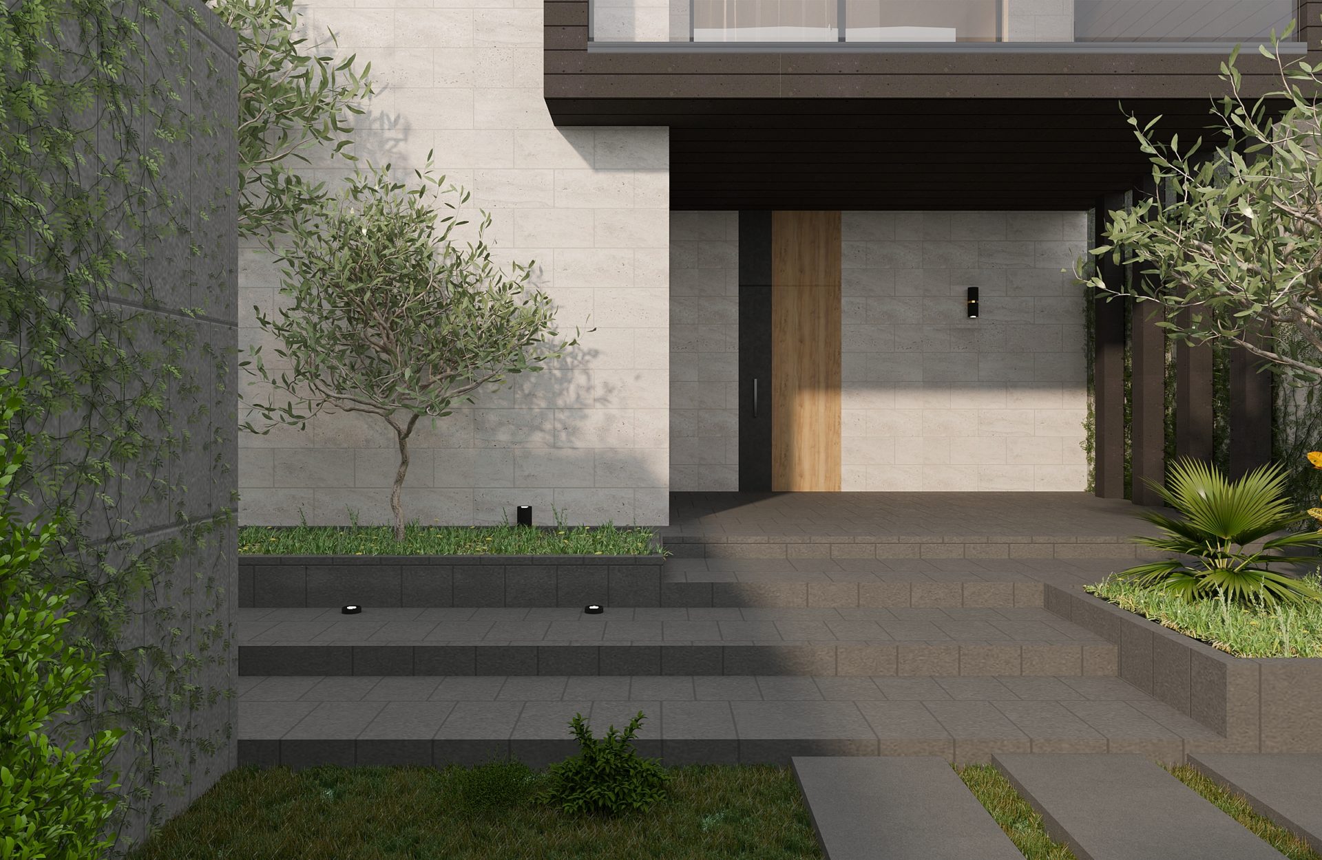 picture of the facade and entrance group finished with natural basalt and travertine