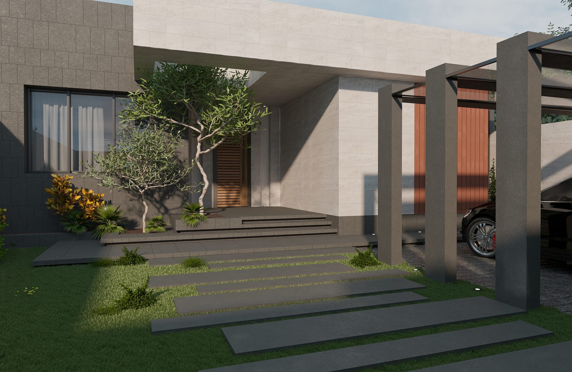 image of a 3D view at the entrance to the plot of a one-story chalet mansion with steps