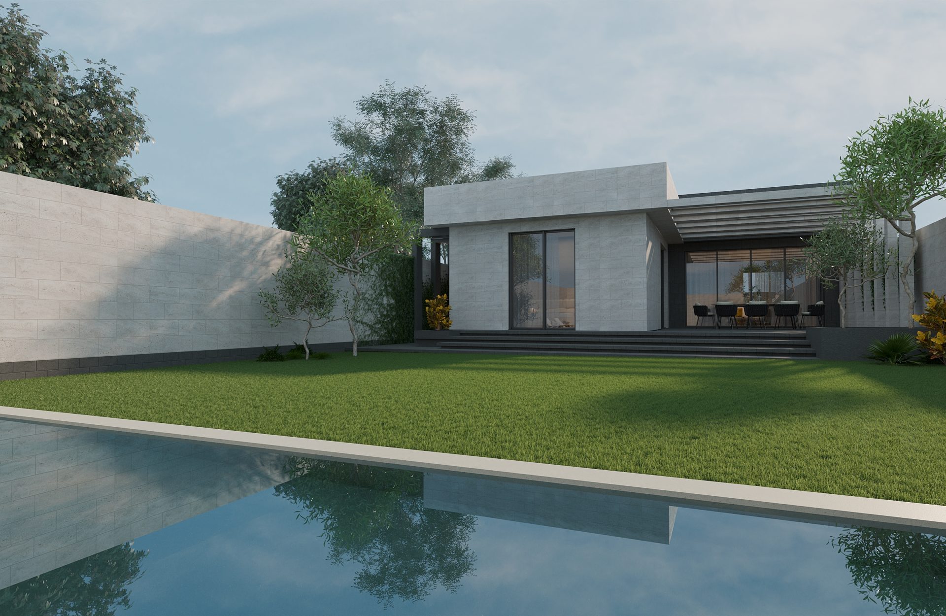 изображение одноэтажного особняка с зелёной лужайкой и бассейном для семьи