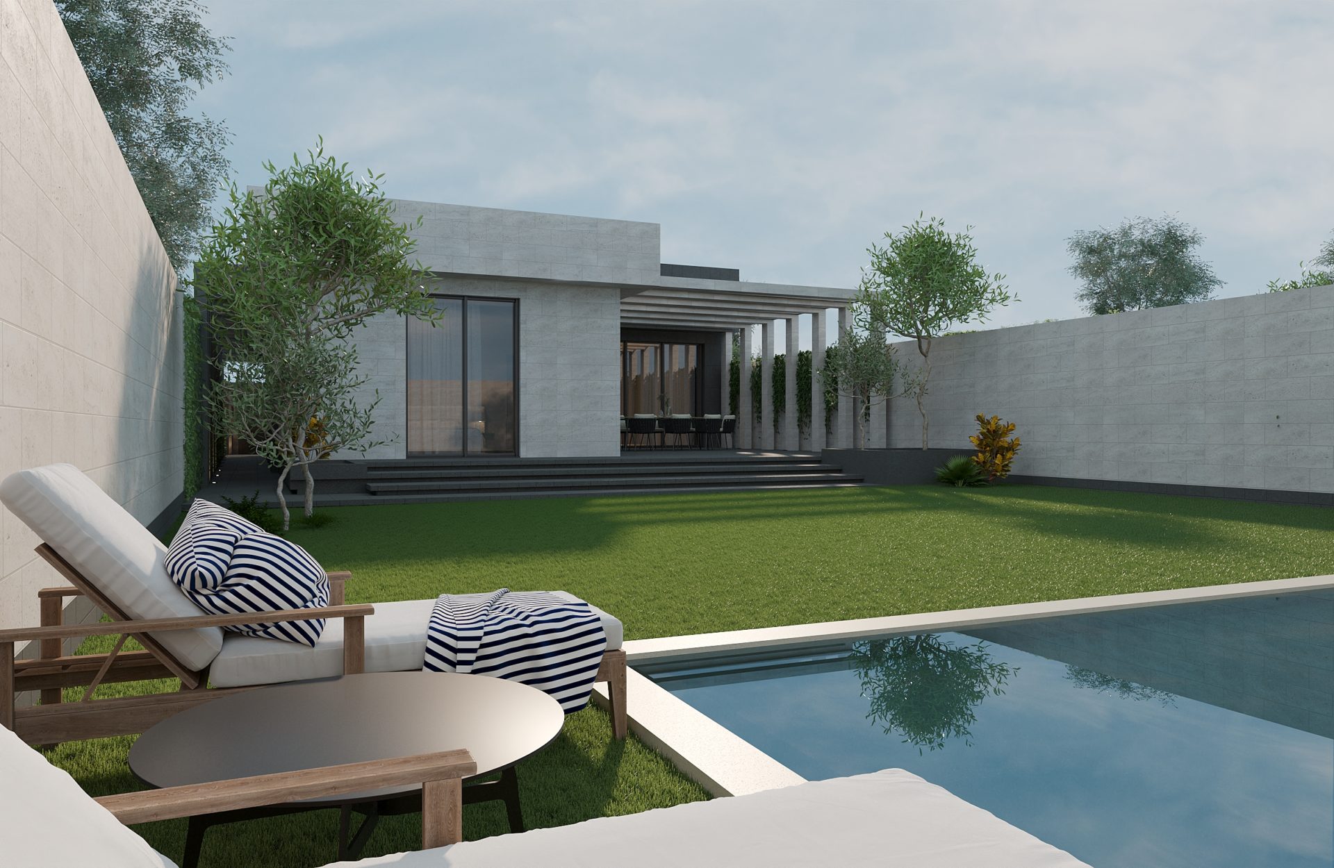 3D image of a one-story mansion with a lawn and access to the pool and sun loungers