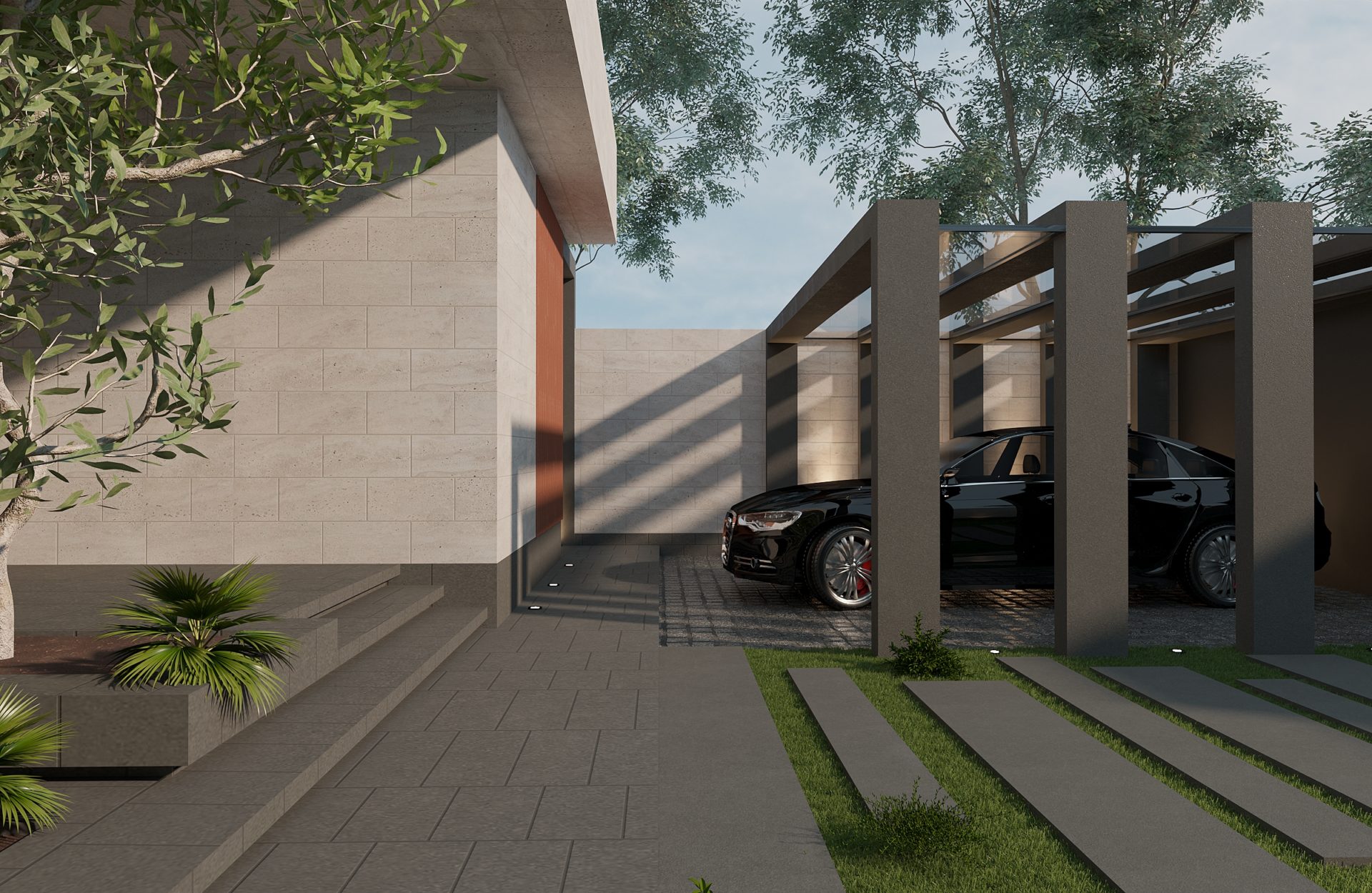3D view of covered parking spaces for 2 cars for the residents of the mansion