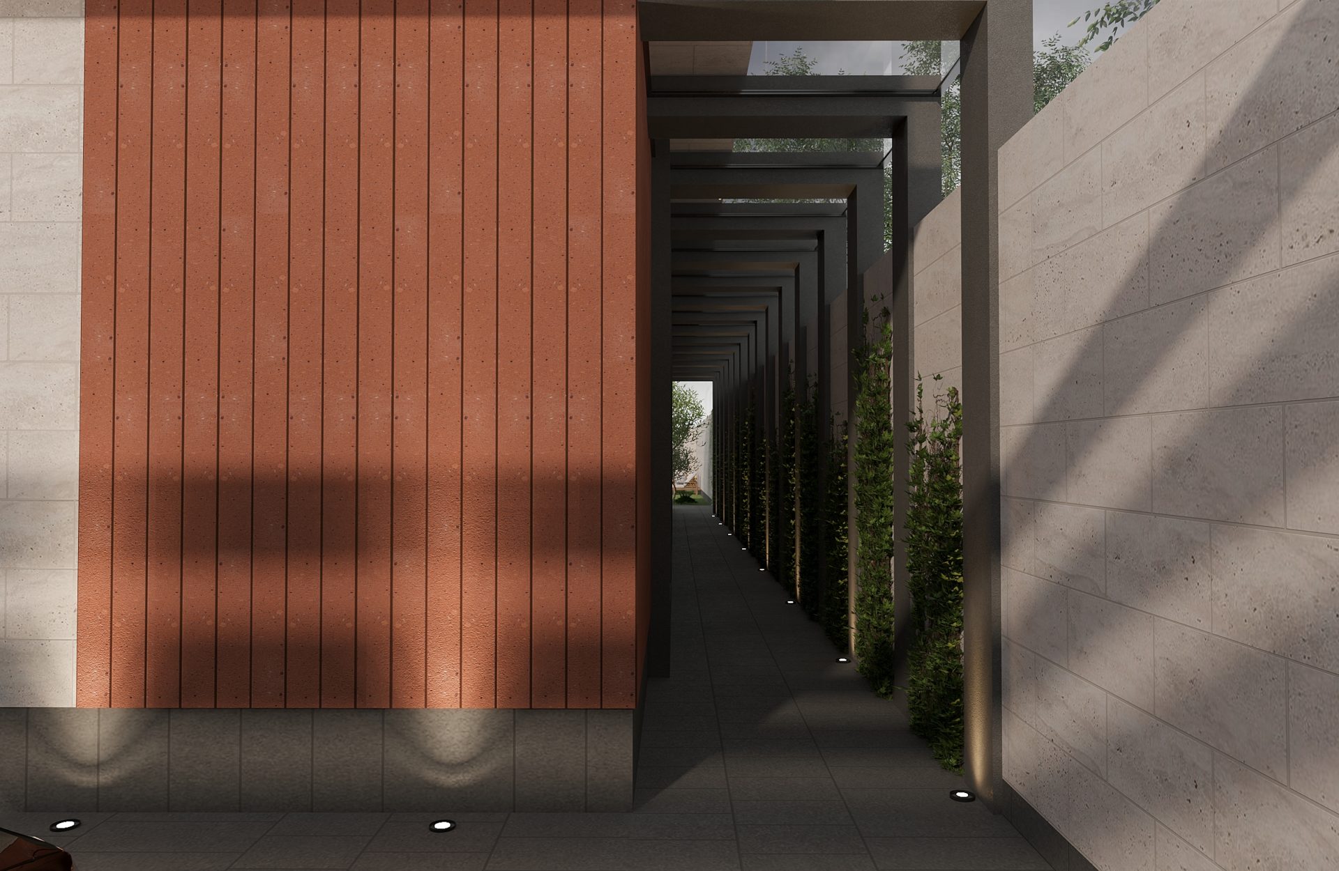 3D image of the walkway from the front of the mansion to the backyard to the pool